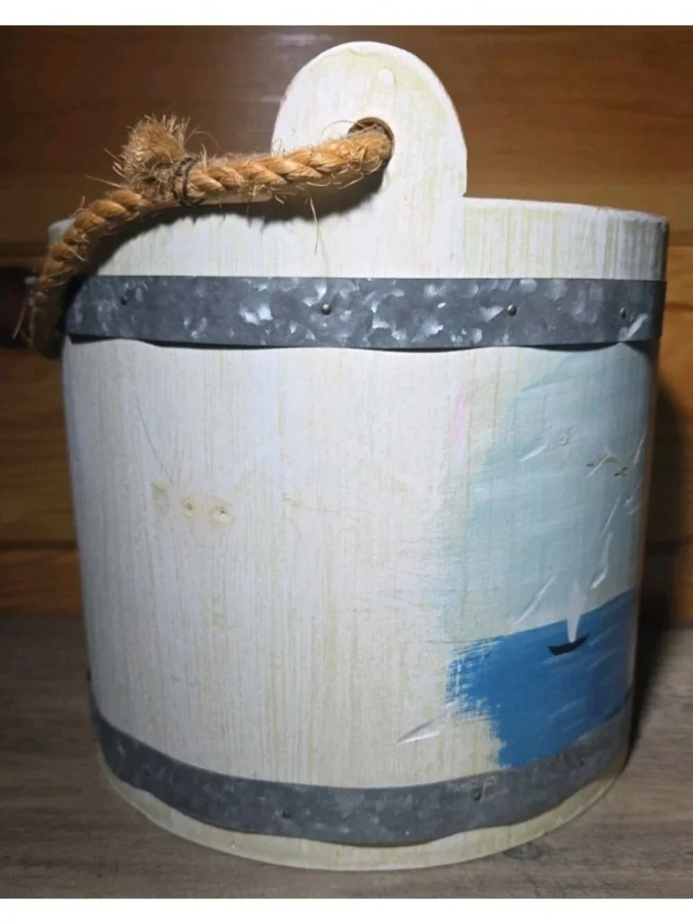 Wooden Bucket Panted Lighthouse Coastal Design With Rope Handle 8.5 Inches Tall